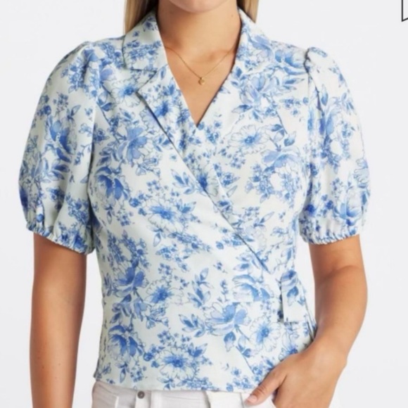 Violets & Roses Stitch Fix Oprah Short Sleeve Wrap Blouse, Blue White Floral, 2X - Picture 1 of 8